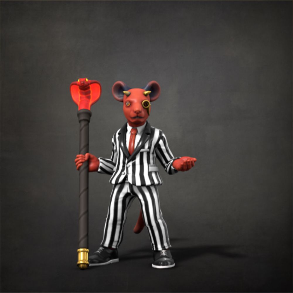 A brimstone-skinned ysoki with golden horns, wearing a cheesy black & white striped suit and a golden monocle. In his right hand he carries a large staff. A firey cobra head is emanating from the top of this staff. His left hand is outstretched.
