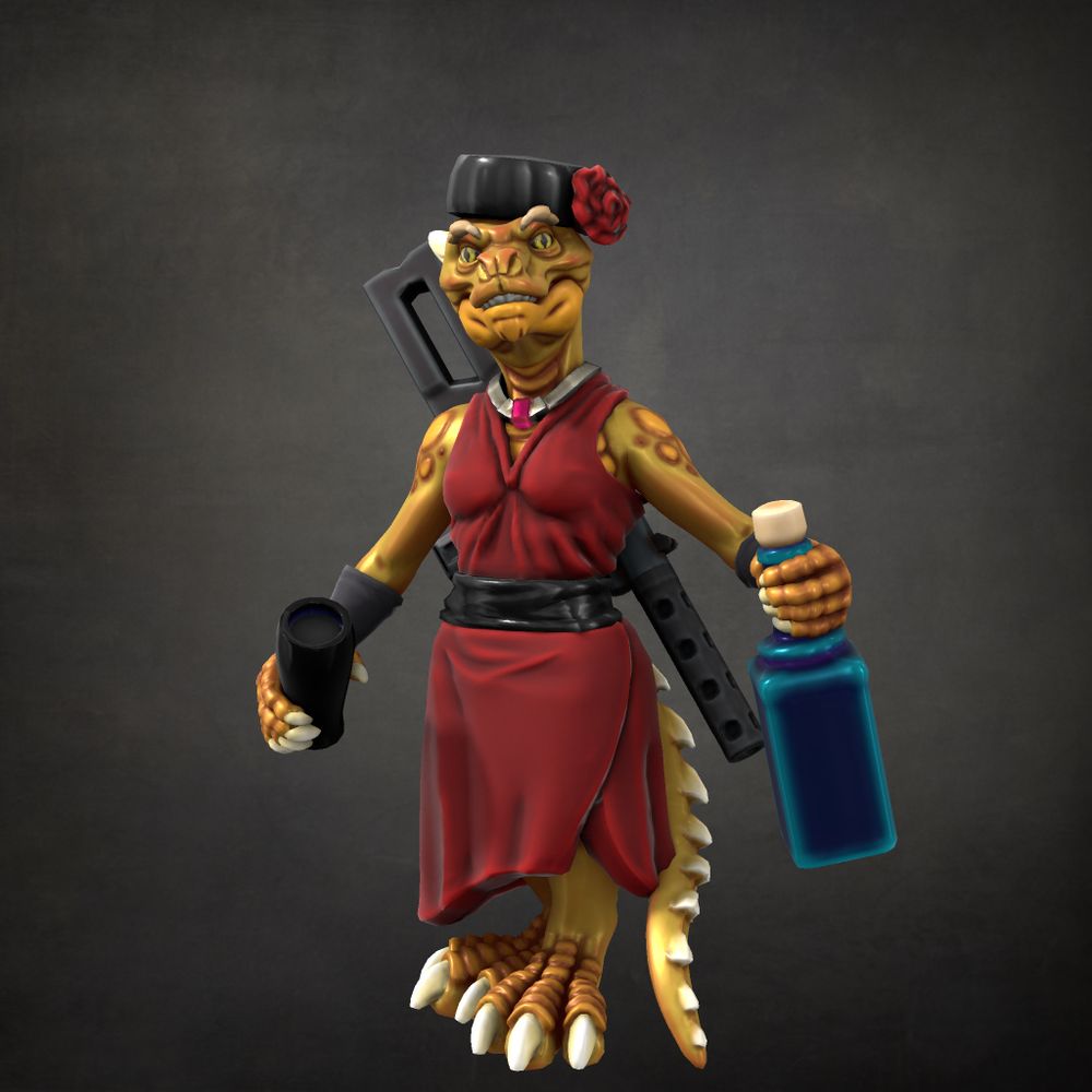 A yellow-orange scaled kobold woman wearing a red dress, a silver necklace with red gemstone, and a glossy black hat with a large red flower. She is holding a dark glass in one hand and a large blue-ish bottle in the other. Her claws and spikes are bony-white.