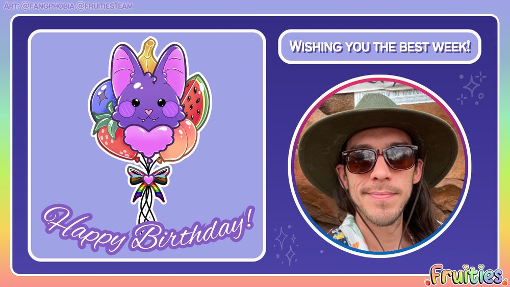 Text reads: 'Happy birthday! Wishing you the best week! Fruities"
shows mx fruity balloons and profile picture.