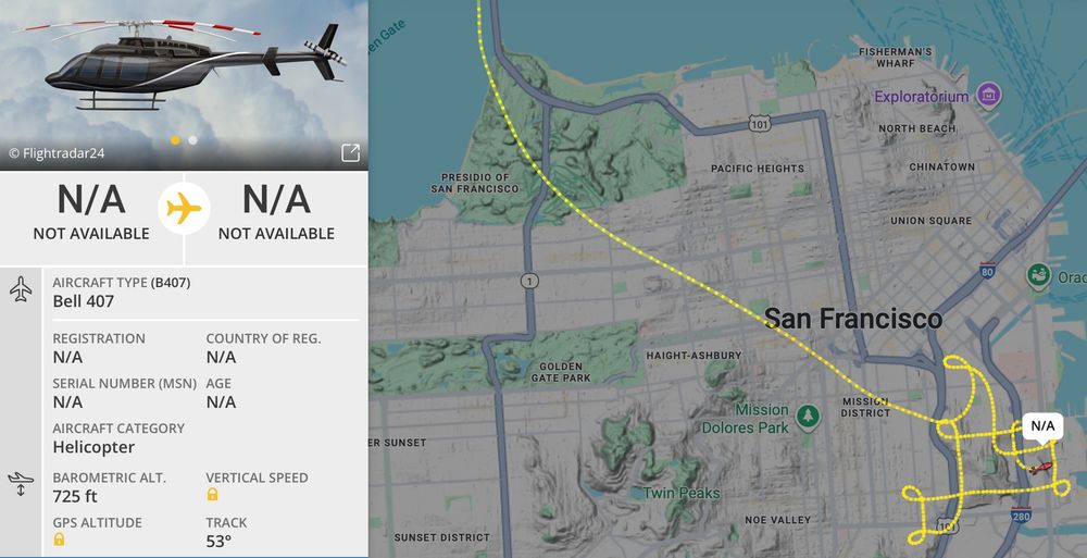 A relief and street map of San Francisco, with a dotted yellow line tracing a path from north via Golden Gate Bridge down to the area between 101 and 280 highway tracks through the east side of the city