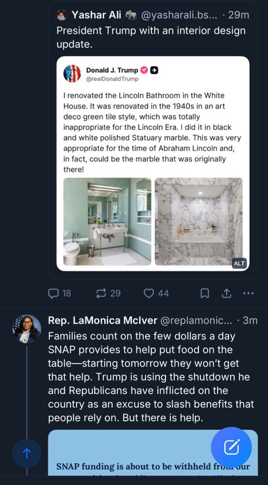 Screenshot juxtaposing Trump jerking off about his new bathroom and Rep. LaMonica McIver advising her constituents how to not starve when Trump takes away their grocery money. 