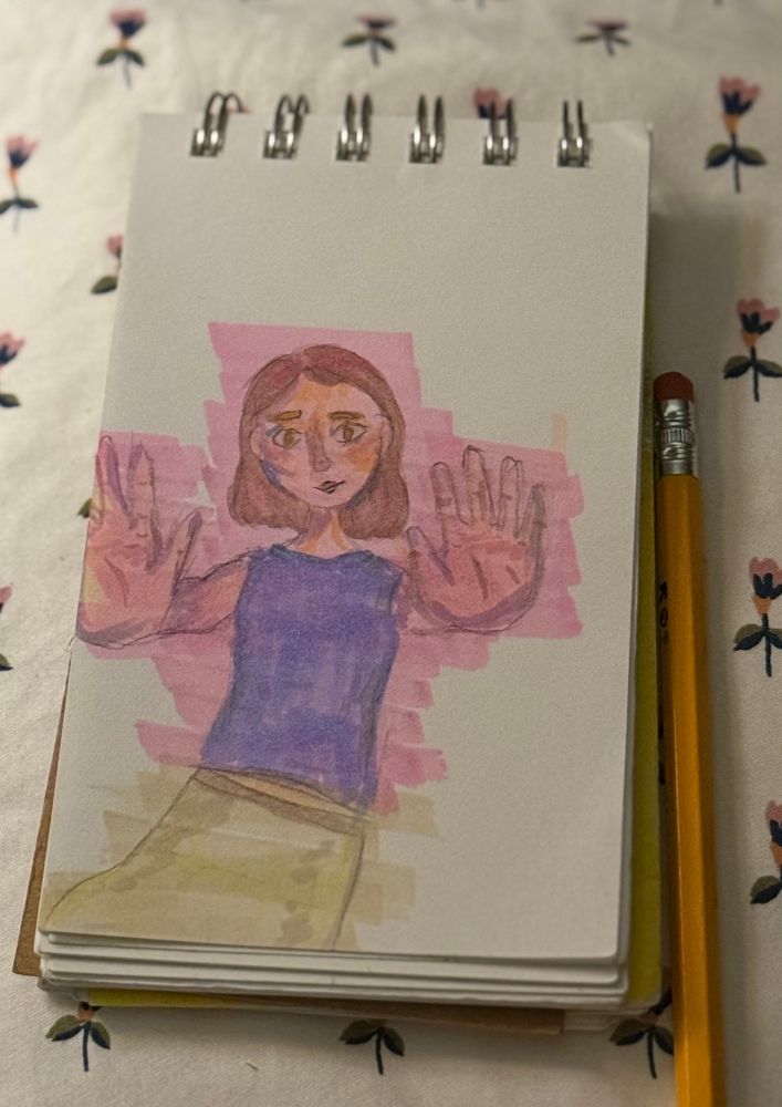 Alcohol marker and pencil sketch of a girl with her hands up.