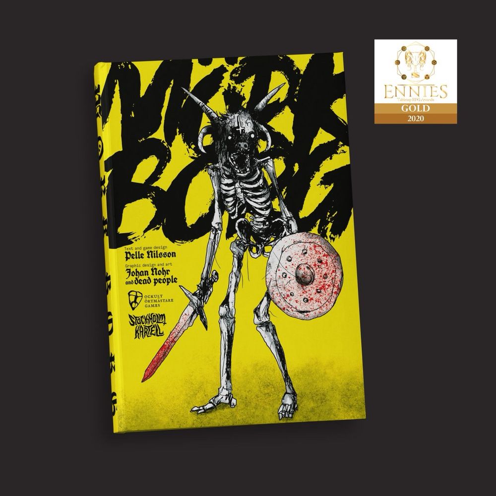 A yellow book cover titled “Mork Borg” with a Skeletal warrior holding a shield and sword is splattered with blood. 
