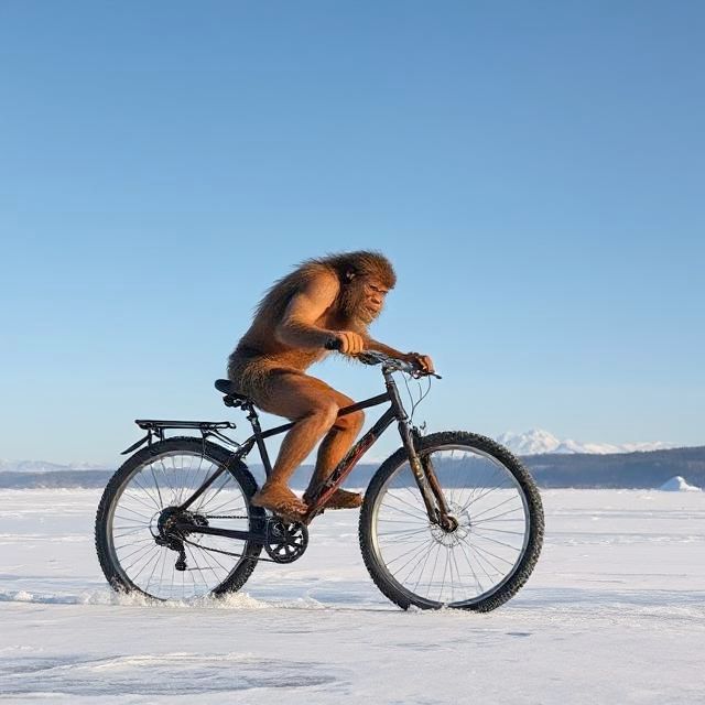 A neandethal on a bike on the ice