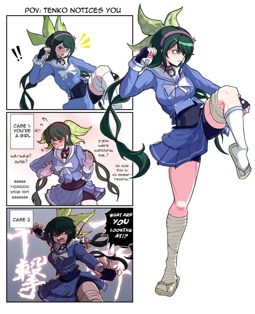 Tenko with a lightly modified design training in martial arts. When spotted by a girl she gets flustered but when spotted by a boy she hits them with Shun Goku Satsu 