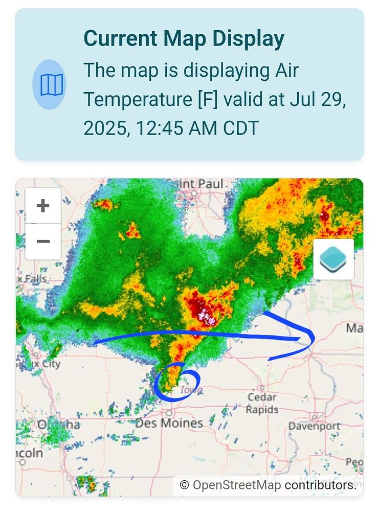 Radar map over Iowa with text box indicating it's from 12:45am this morning. In the middle is a red and white blob of storms surrounded by green. A blue arrow drawn over it indicates general storm motion from west to east.
A narrow band of red extends south from the storm, and a blue circle near the end indicates a large area just north of Des Moines