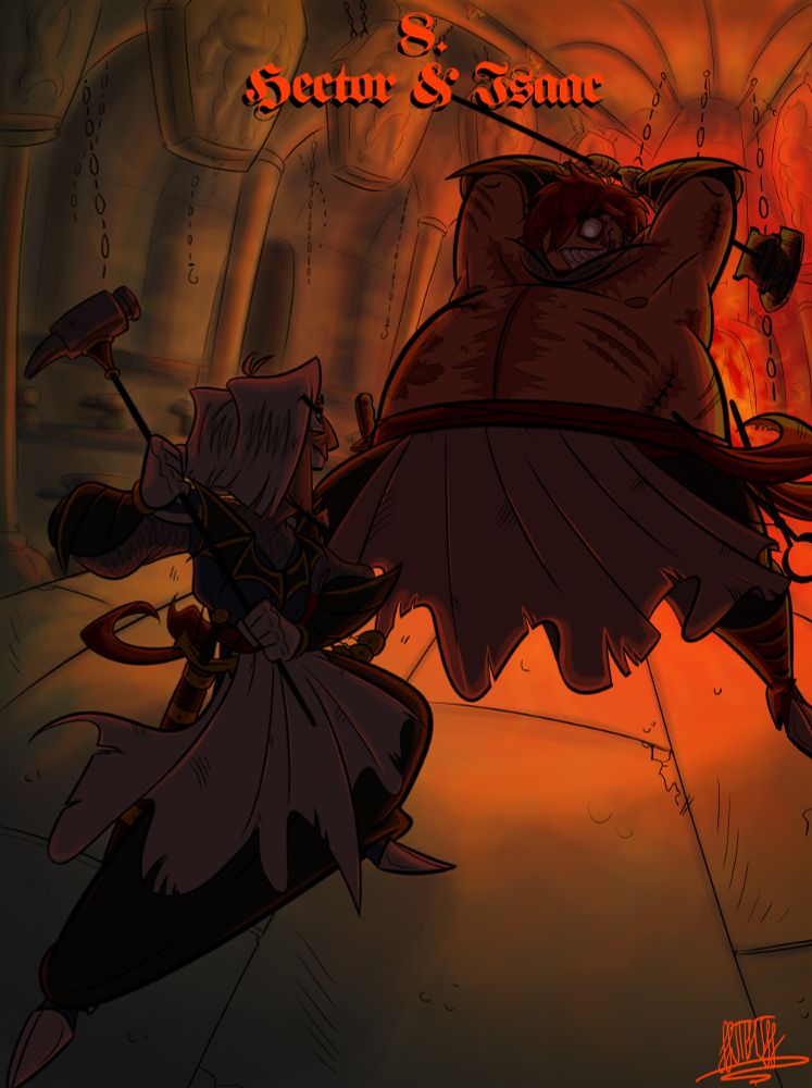 A digital art of Hector, once a devil forgemaster at the service of the dark lord, but who defacted shortly before one of his first defeats in pursuit of a more peaceful life, and Isaac, another forgemaster and a more loyal servant to the prince of darkness, who, due to his obsession turned curse, orchestrated the death of Hector's significant other, fighting each other fiercly in the devil forge where they both used to create powerful daemons and undead monstrocities for the army of darkness. Isaac is standing in front of the giant, fiery furnace at the center of the forge, casting a shadow over the angered Hector and smiling maniacally as he raises his blacksmith hammer, which in reality is straight up just an anvil on a long metal rod. On top of this, there have been some more extreme artistic liberties taken with Isaac's design, with him now being more of a hulking butcher type visually, and the forgemasters' work space itself, as it now resembles an actual forge more (even if of course retaining the alchemical/magic elements of it), with a giant furnace at the center, chains, anvils, and giant stone molds hund up at the ceiling, ready to be cast with molten alchemical liquids and awaken as new horrific creatures upon cooling down.