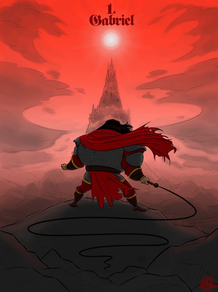 A digital art of Gabriel Belmont from the Castlevania: Lords of Shadow series/universe, depicted standing at the edge of a stone cliff, wielding a long leather whip and looking at a giant mountain range in front of him, with it's crown jewel being a gigantic castle carved into the mountain itself, standing right under the white sun, shining bright in the red sky. to the sides of Gabriel yet in the background are almost symetrical dark clouds, shapped roughly like wings, hinting at the fate awaiting him at the end of his quest.
Above the sun "1. Gabriel" is written in a gothic font, dark red in color.