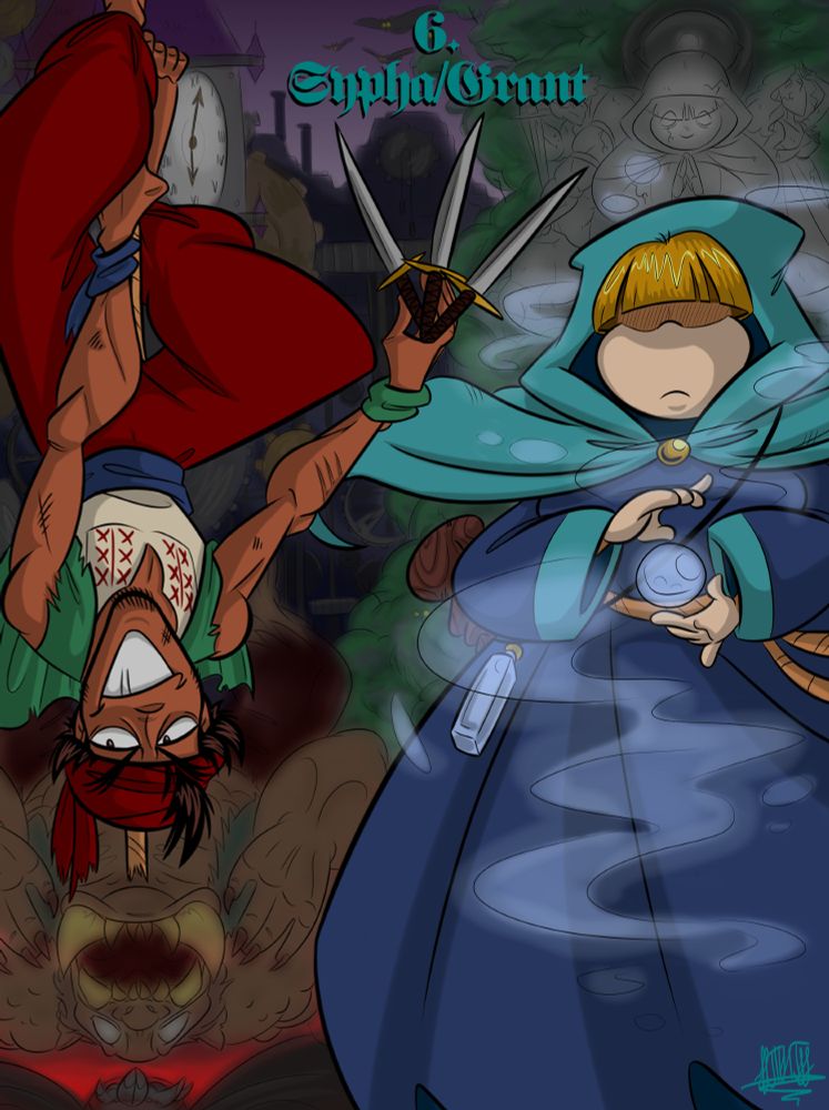 A digital art depicting a sort of split yet whole scene with Grant Danesti, a romanian commoner whom tried to defeat the Dark Lord along with his comrades, but was cursed to be a terrible monster locked in an old clocktower, and Sypha Belnades, a mage from a clan of oral tradition sorcerers, who was also sent to fight the Dark Lord, but was petrified into a statue and guarded by a cyclops in a darl, mad forest. Both were eventually freed from their curses by Trevor Belmont, who with their (and the Dark Lord's son as well), defeated the dreaded prince of darkness, freeing the land from his conquest. The backgrounds behind the 2 characters depict their curses (being turned into a monster and a statue respectively), as well as the locations where they were left after it (the clock tower and mad forest respectively). Grant hangs upside down from a rope, both showing off his atletism and separating the scene into two halves, to show the contrast between the two allies.