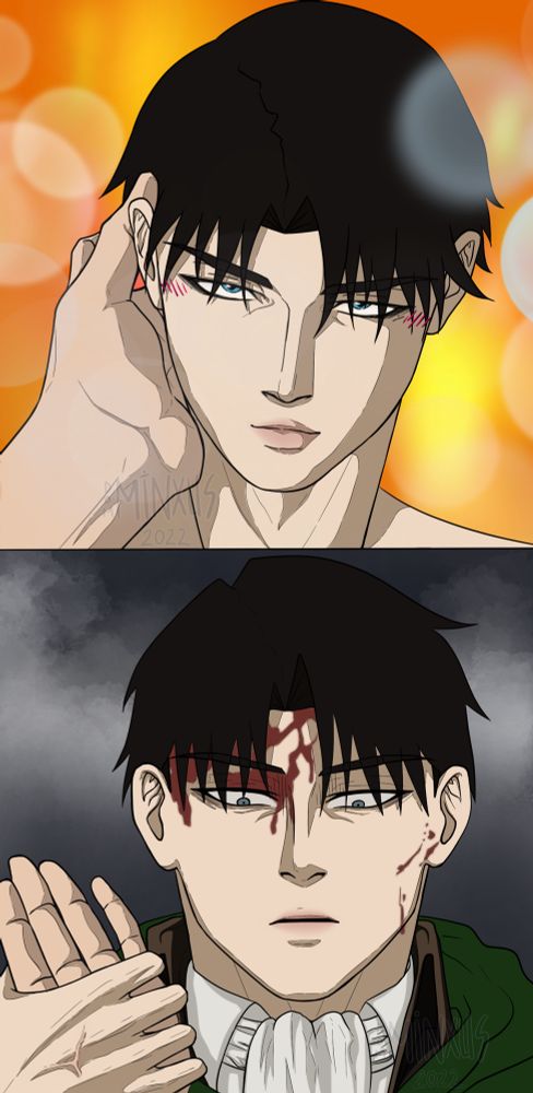 Levi in love on the top and Levi distraught on the bottom.