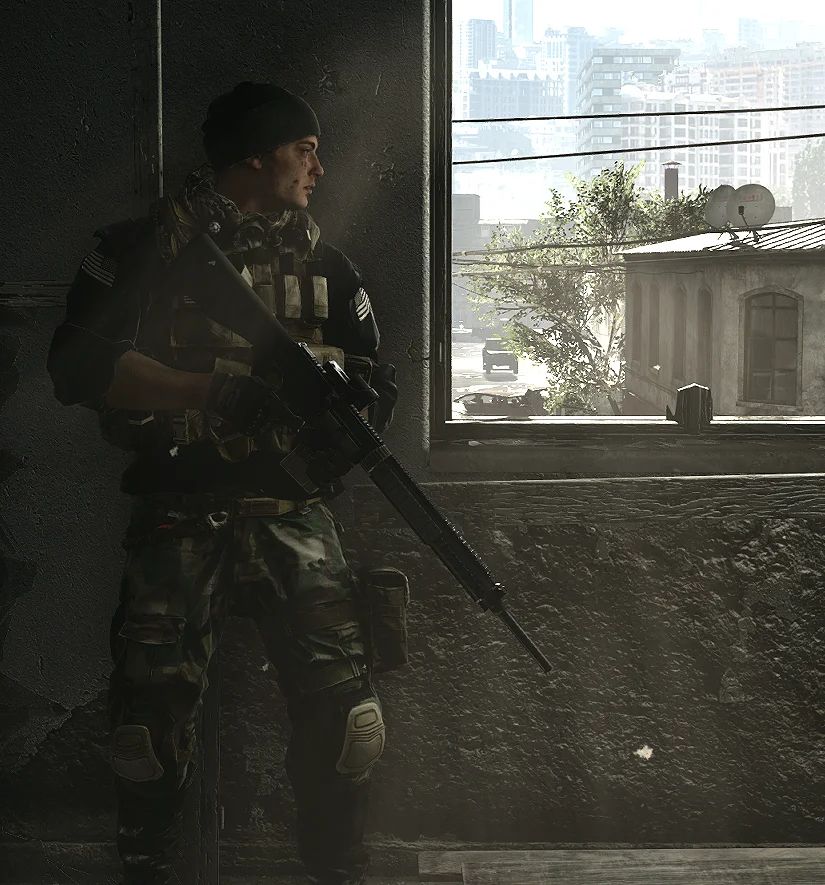 A soldier (Clayton "Pac" Pakowski) holding Mk 11 DMR and taking cover near the window looking out into the street of Baku in Battlefield 4
