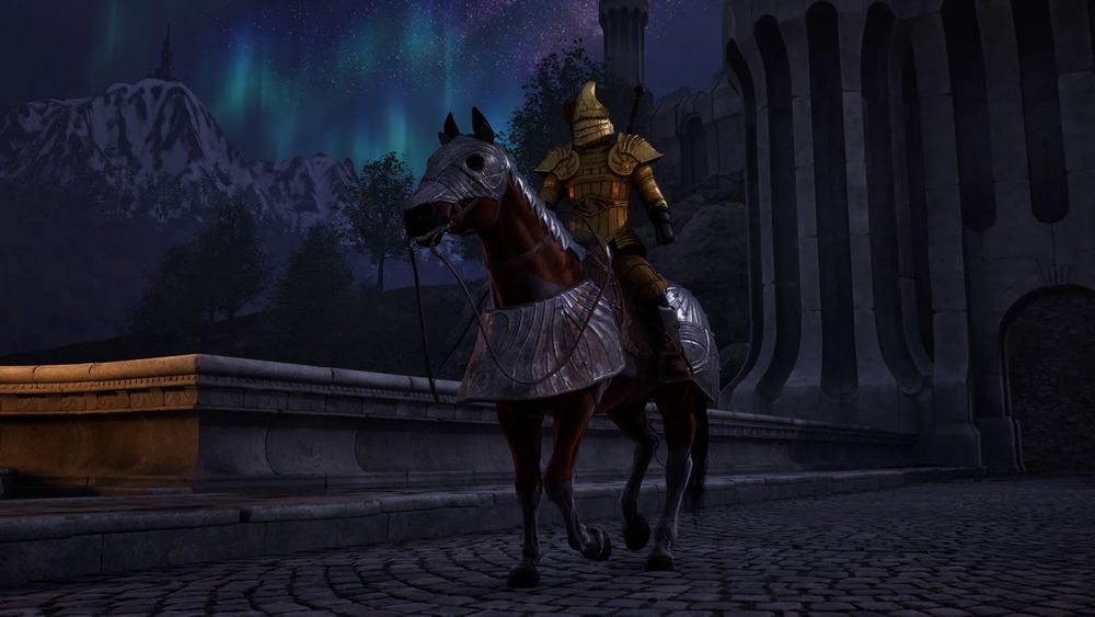 An armored hose with a rider decked out in gilded armor riding through the bridge out of the Imperial City in The Elder Scrolls IV: Oblivion Remastered at night with northern lights in the distance
