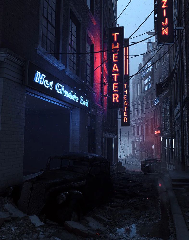 Photo of an alley in war-torn Rotterdam with bright neon signs lighting up the area, Battlefield V

Photo Mode // Virtual Photography