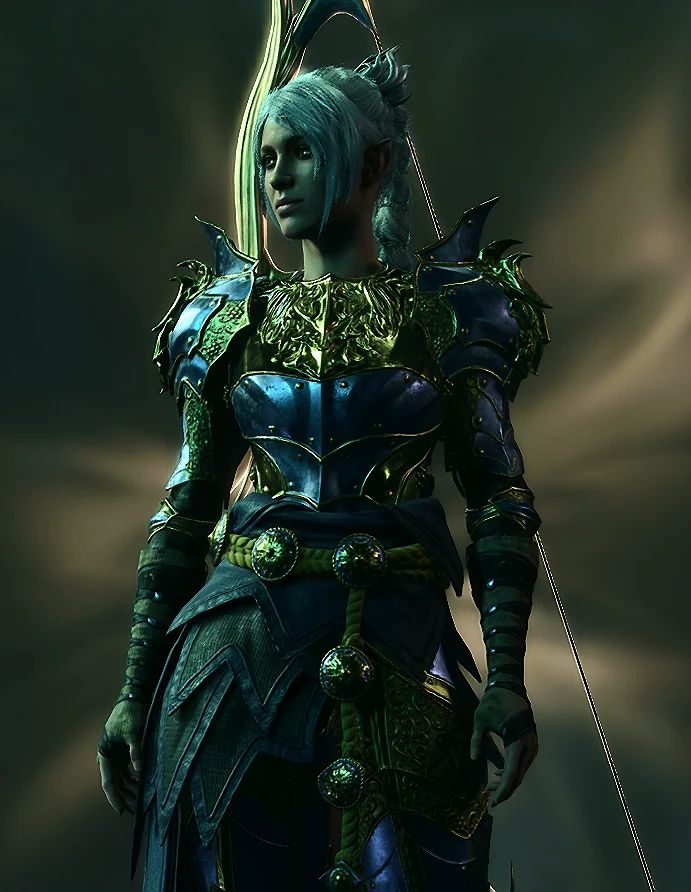 Shadowheart in a navy-gold armour with a gilded longbow strapped to her back emanating a glowing aura in Baldur's Gate 3