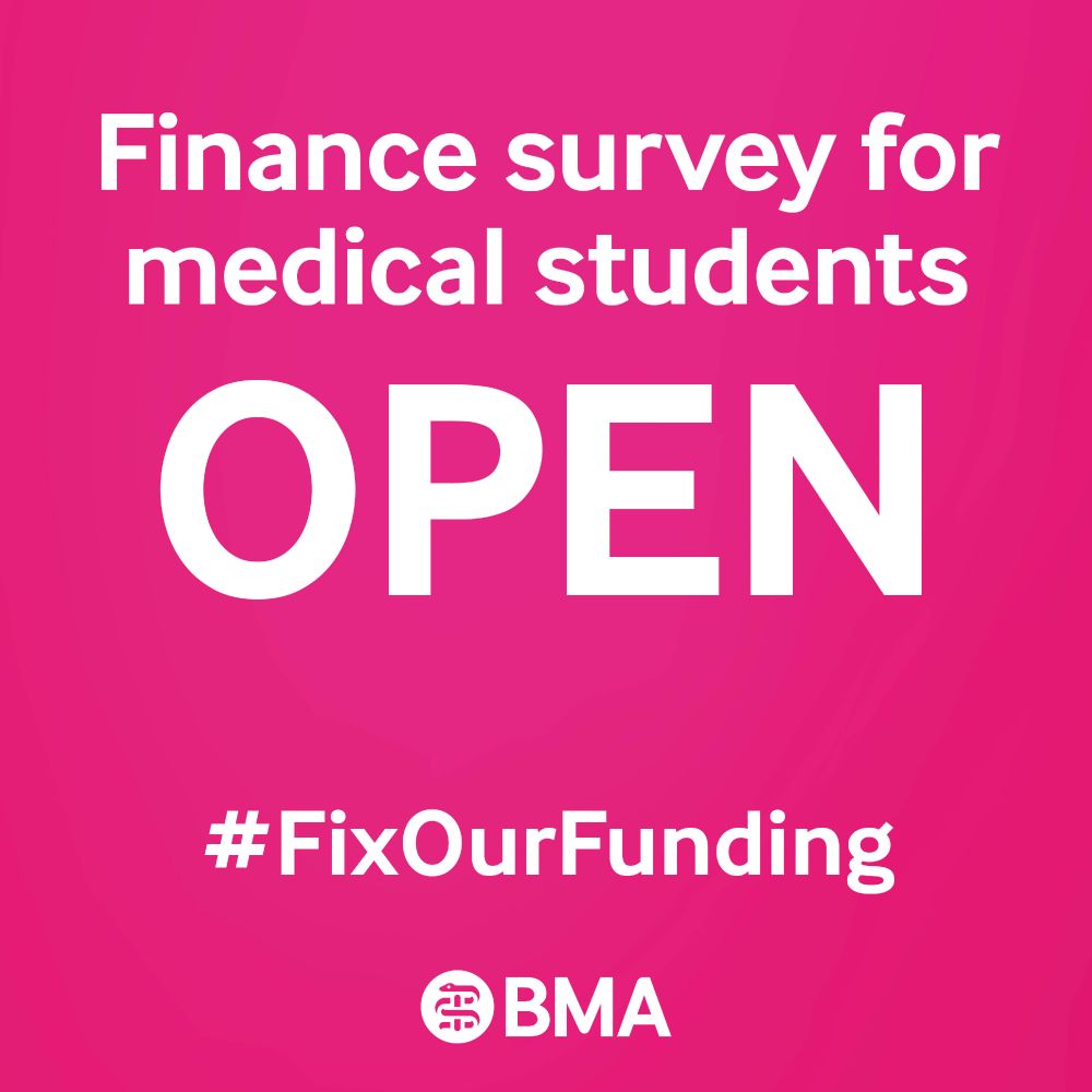 Pink graphic with text "Finance survey for medical students OPEN #fixOurFunding