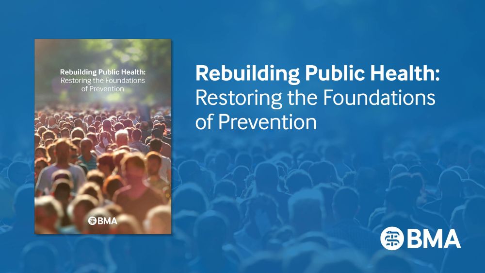 Cover of a publication titled 'Rebuilding Public Health: Restoring the Foundations of Prevention' by the BMA. The background features a blurred crowd of people, with the title in white text on the right and the BMA logo in the bottom right corner.