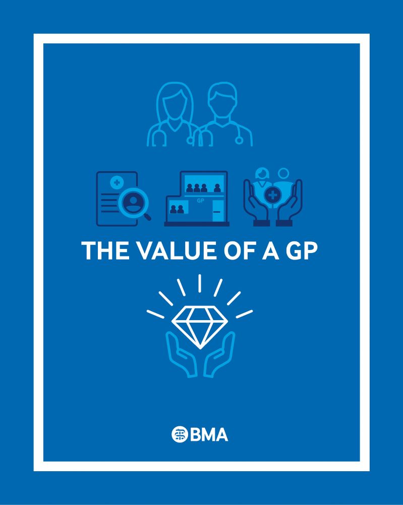 A blue image shows the BMA's new report: The Value of a GP