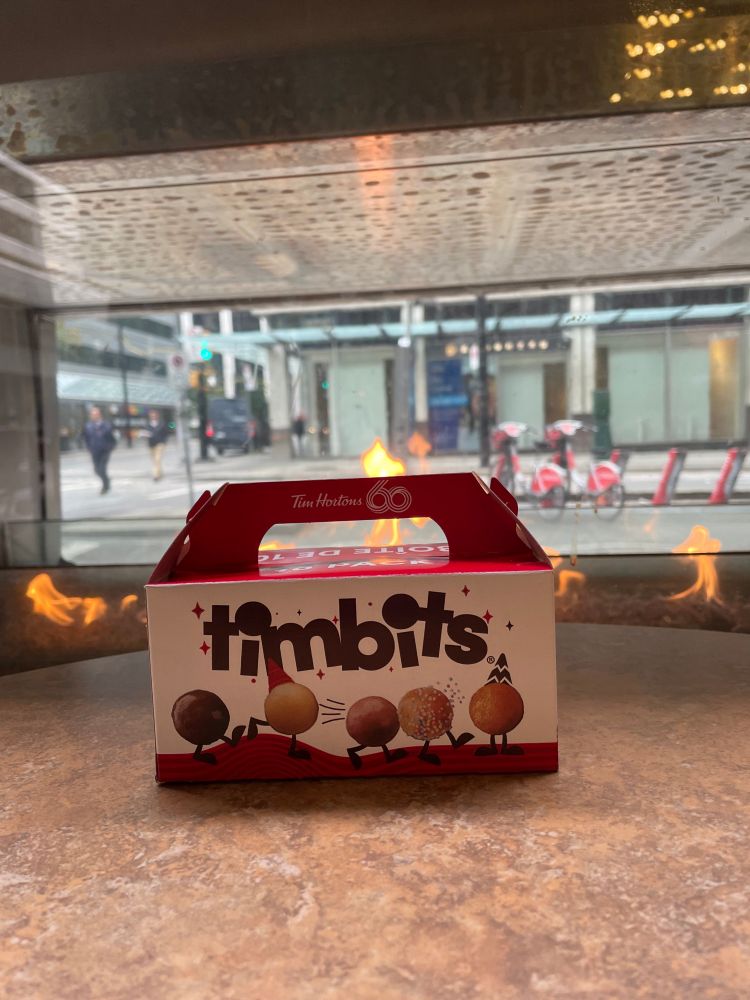 A box of Tim Horton's donut holes called Tim Bits