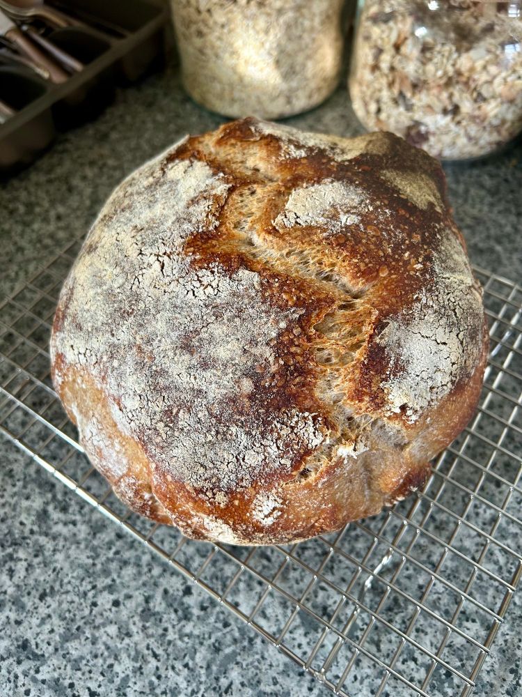 A freshly baked round sourdough loaf sits on a metal cooling rack. Theres’s a grey granite
effect kitchen counter underneath. 

































































