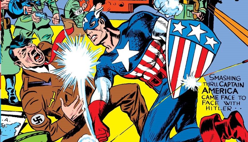Captain America punching Adolph Hitler in the face, depicted on the cover of Captain America Comics #1.
