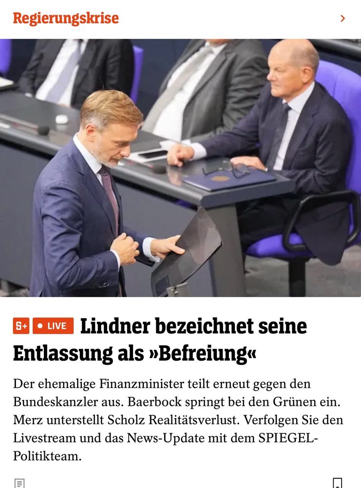 Schlagzeile im Spiegel: Lindner bezeichnet seine Entlassung als "Befreiung".