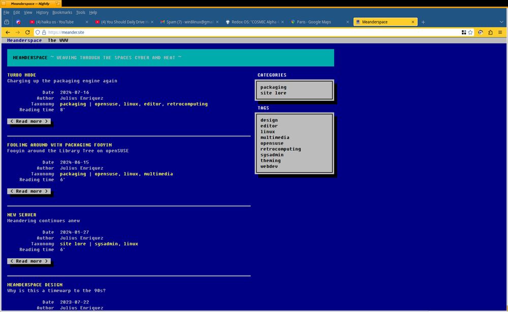 Home page of meander.site (personal website) viewed in IceWeasel on Haiku, with its DOS-era aesthetic.