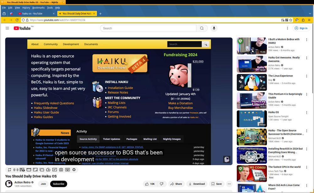 IceWeasel on Haiku viewing a YouTube video from Action Retro titled "You Should Daily Drive Haiku OS"