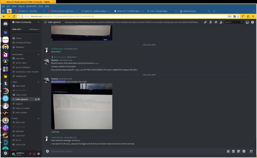 Haiku Community Discord's #haiku-general channel shown in IceWeasel on Haiku
