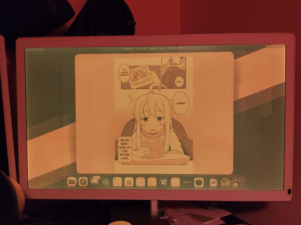 iPad connected to an eink monitor with manga and the desktop on the screen 