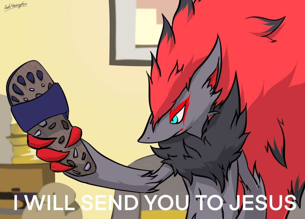A Zoroark holding up a sandal with stones embedded in it. The caption reads "I will send you to Jesus!", a phrase made popular by Steven He.