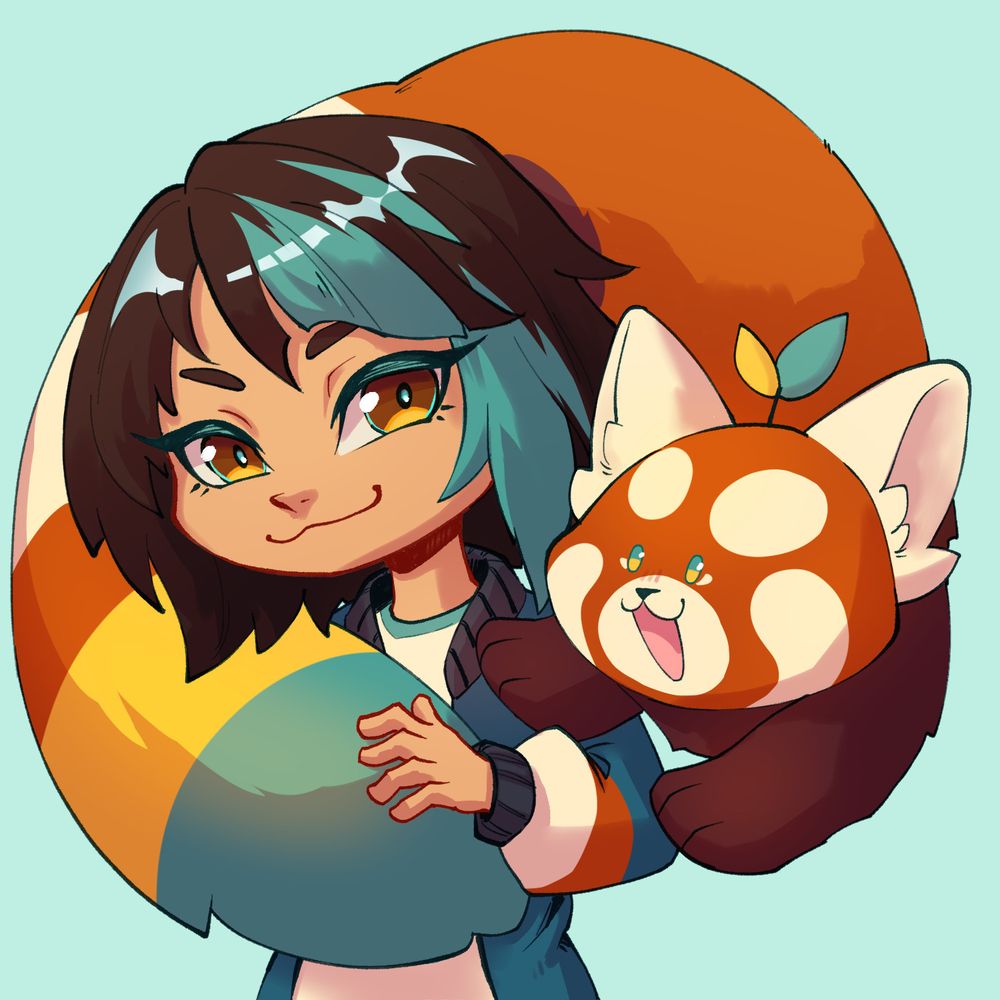 chibi girl with a smug face, brown eyes, and brown hair with a blue streak on the right side and a red panda character snuggled around her shoulder
