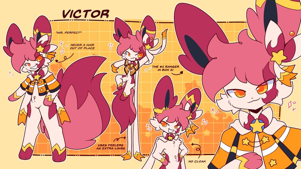 Victor the sylveon reference sheet. 4 drawings of Victor, 1 fullbody, one chibi where his feelers are on the ground lifting him odd of it, and twi halfbodies, one without his cloak and one with his cloak.
Words are as follows: "Mr.Perfect", "Never a hair out of place", "Uses Feelers as extra limbs", "The #1 Ranger in box 3", and "No Cloak with an arrow pointing to him without his cloaK ON. 
Tags- Art Furryart pokemon eevee eeveelution 