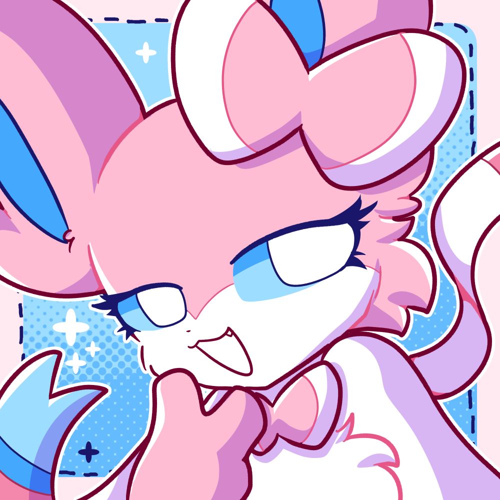 A sylveon OC (Pokémon) character doing a peace sign