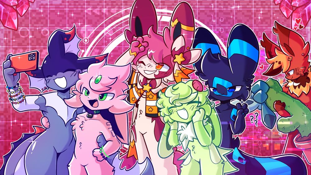 A group of eeveelutions (Pokemon) Posing for a selfie
Vaporeon, Espeon, Sylveon, Shiny Jolteon, Shiny umbreon, Glaceon, Flareon