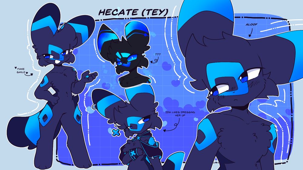 Hacate (Tey) the shiny umbreon? 4 pictures of her in various poses
Words are as follow- "Aloof" "Fake smile" "???" "Ida likes dressing her up"
tags- Furryart furry eeveelution 