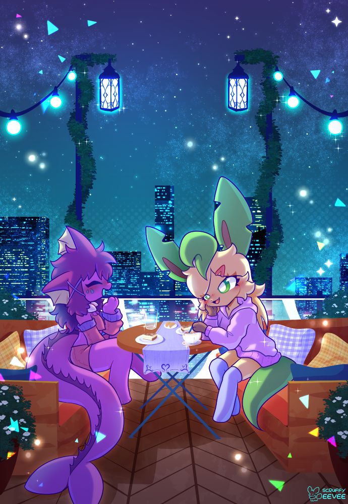 a Vaporeon and Leafeon sitting on seats in a rooftop cafe, on a date.