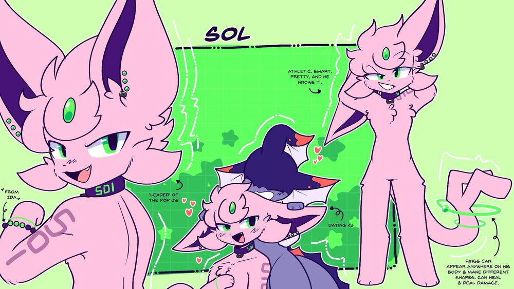 Sol "105" the espeon reference sheet. Sol (an espeon pokemon with a pink, purple and green color pallet) is drawn 3 times doing various poses. One of these poses, he is with his girlfriend, Idalia the Vaporeon. The words on the screen are as follows 
"From Idalia" with an arrow pointing to a bracelet on his arm, "'Leader' of the Pop U's", "Dating" with an arrow pointing to him and Idalia, "Athletic, Smart, Pretty, and he knows it.", "Rings  can appear anywhere on his body and make different shapes. Can heal and deal damage."
Furryart art furry 