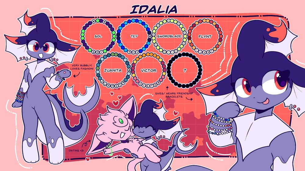 Idalia he Vaporeon (pokemon) reference sheet. There are 3 images of Idalia, a fullbody, a half body, and a picture of her holding her espeon boyfriend, Sol. 7 friendship bracelets are located on top of the image, showing the names of her friends. Words on the sheet are as follows- "Very Bubbly! Loves fashon!" "Gives/wears friendship bracelets" and "Dating <3" pointing to the image of her and Sol. furryart art furry anthro
