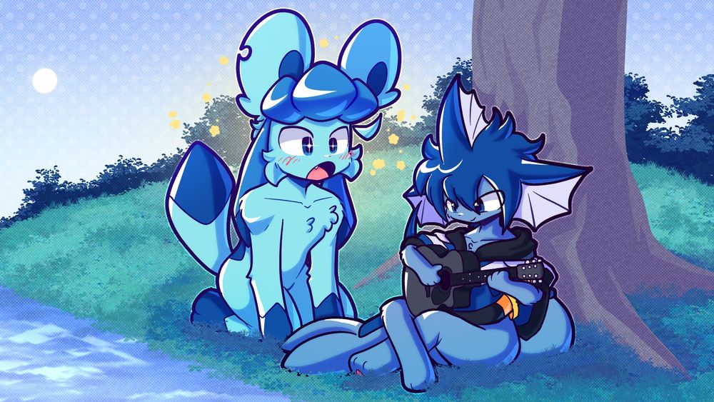 Vay the Vaporeon and Blizz the glaceon (SSED, pokemon) are sitting on the grass. Vay is playing a guitar while Blizz stares at him in awe.