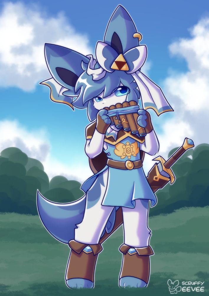 A shiny sylveon playing the Pan flute. They are dressed up in legend of Zelda esc clothing and have a sword at their side.