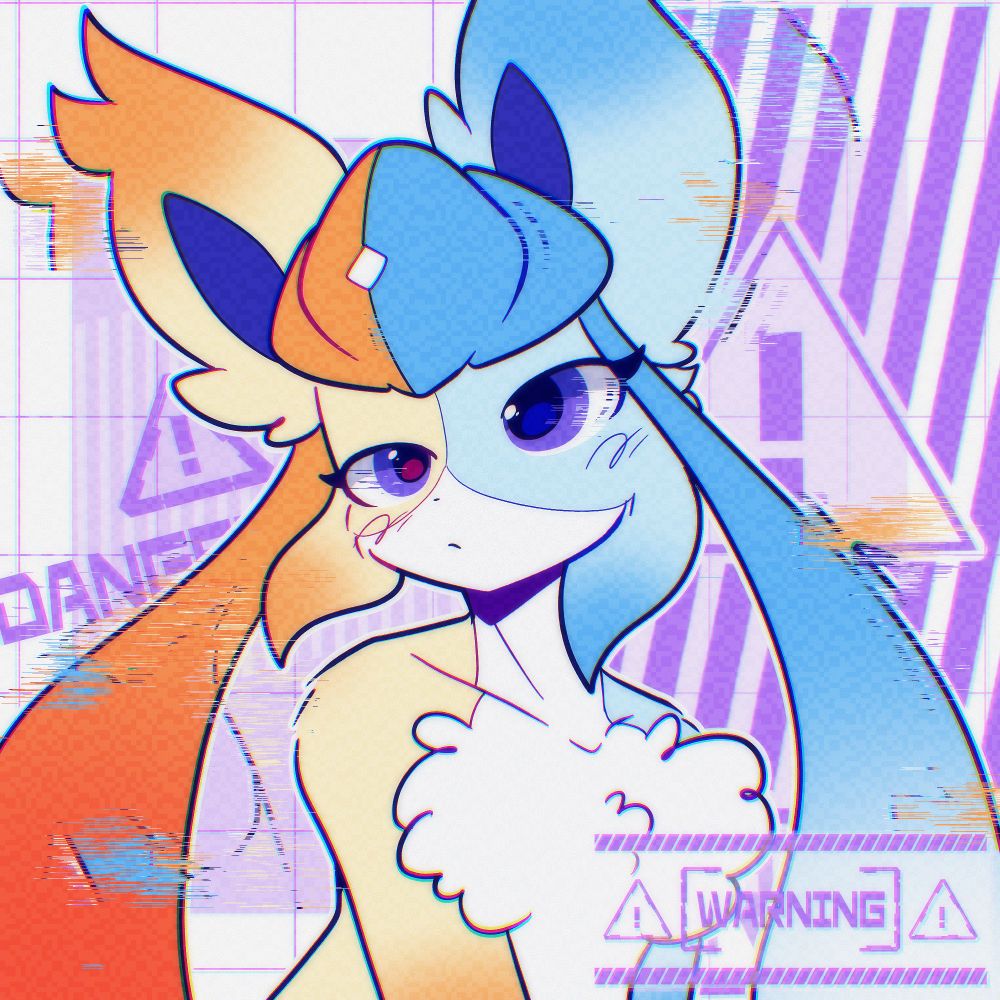 A Glaceon from pokemon looking up and to the side while glitching. Furryart art idk lol The words "Danger" and "Warning" are around her 