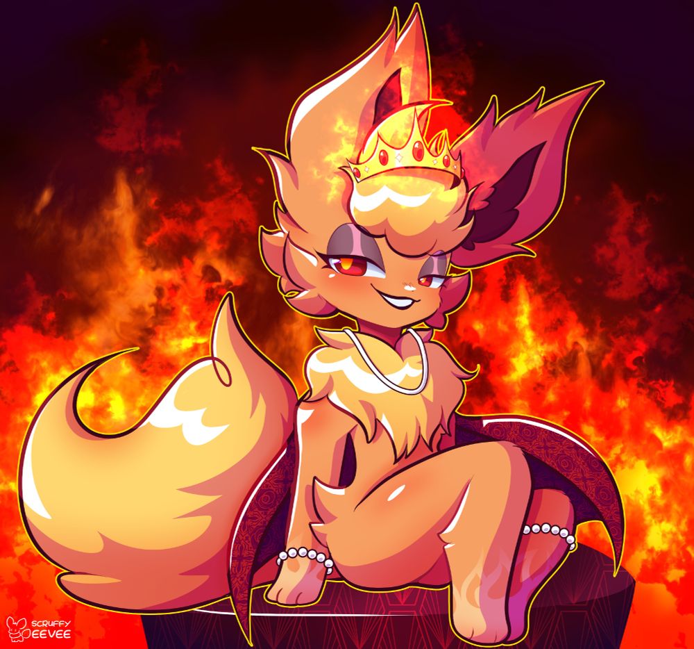 A flareon sitting on an ottoman. She has a crown on and is looking at the camera, smiling. Her crown is on fire and the background is flames.
