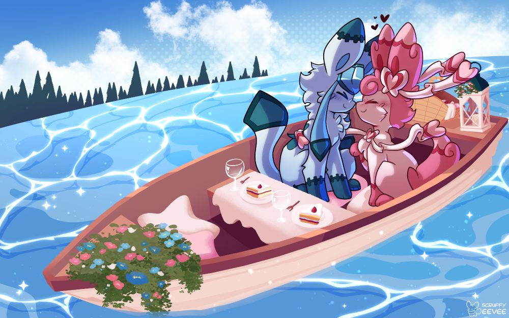 A glaceon and sylveon (pokemon) touching noses on a boat floating in the water. 