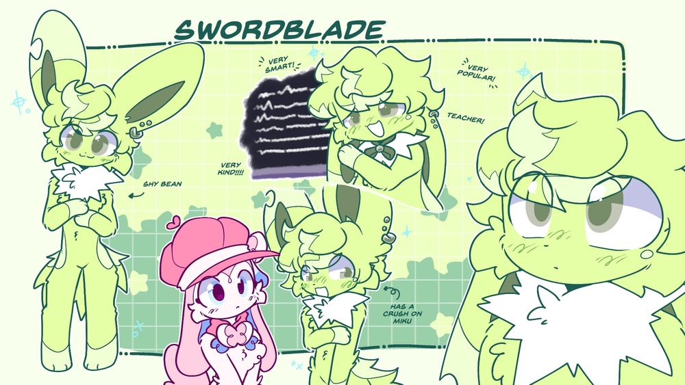 Swordblade (Or SB) the Jolteon reference! There are 4 pictures of him, one fullbody, one halfbody of him looking up, one of him pointing to a chalkboard, and one whee he is looking down and blushing as Miku (sylveon) looks at him quizzically. Words on screen are as follows "Shy bean" "Very smart" "Very Popular" "Very Kind" "Teacher" and "Has a crush on Miku" 
Tags: furryart furry art eeveelution