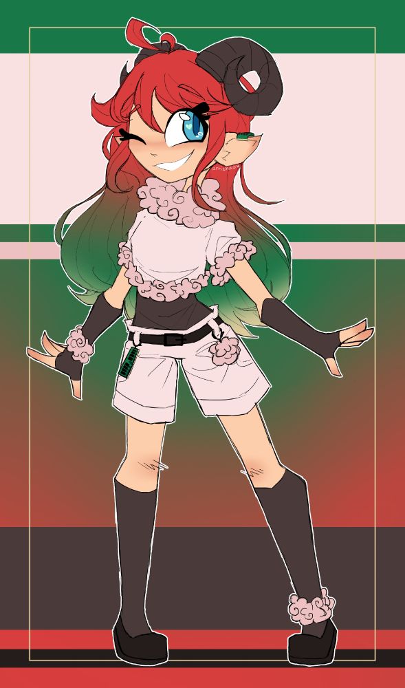 Illustration of Scarlett, a light-skinned human with long red hair. In this version of her, her hair goes from red to green to pale-yellow. She also has (fake) ram horns and an outfit based off rams/sheep, including fluffy trims and dark socks and gloves.
