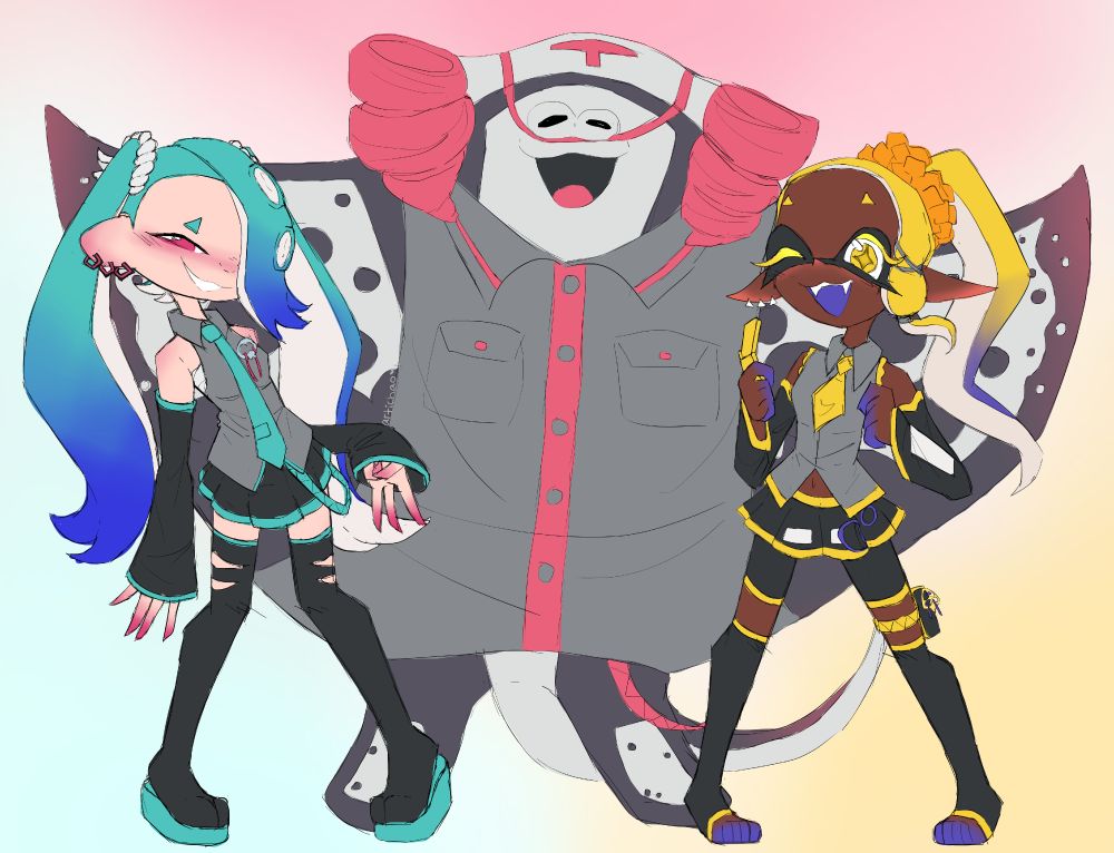 Illustration of Shiver, Big Man and Frye from 'Deep Cut' (Splatoon 3) posing together. They are wearing clothes based off Hatsune Miku, Kasane Teto and Akita Neru respectively.