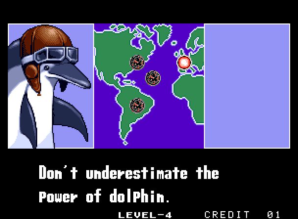A dolphin in a leather pilot's helmet says, "Don't underestimate the power of dolphin." 