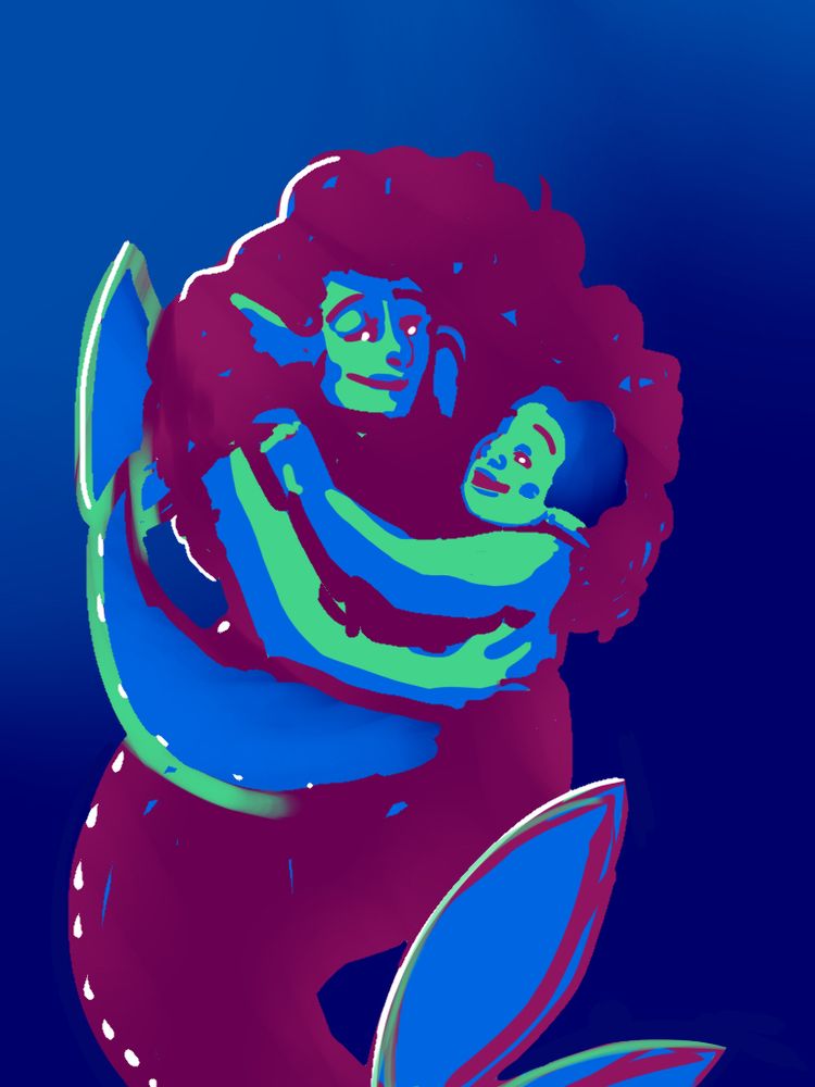 Digital illustration of a parent mermaid holding their baby.