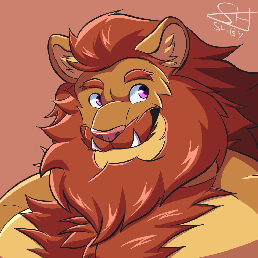 A handsome anthro lion with purple eyes, smiling at something unseen off screen.