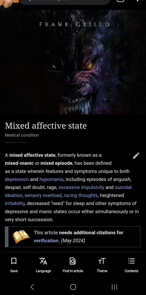 A screenshot of a Wikipedia page for mixed affective state but the image for it is wrong and is instead the head of a werewolf.